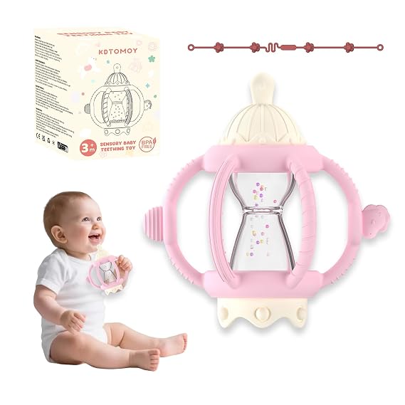 Silicone Teether Rattle Toy for Babies 0-12 Months Teething Relief | Montessori Sensory Teething Toy with Pacifier, Easy Grasp Handle for Infant Boys & Girls, Baby Must Haves