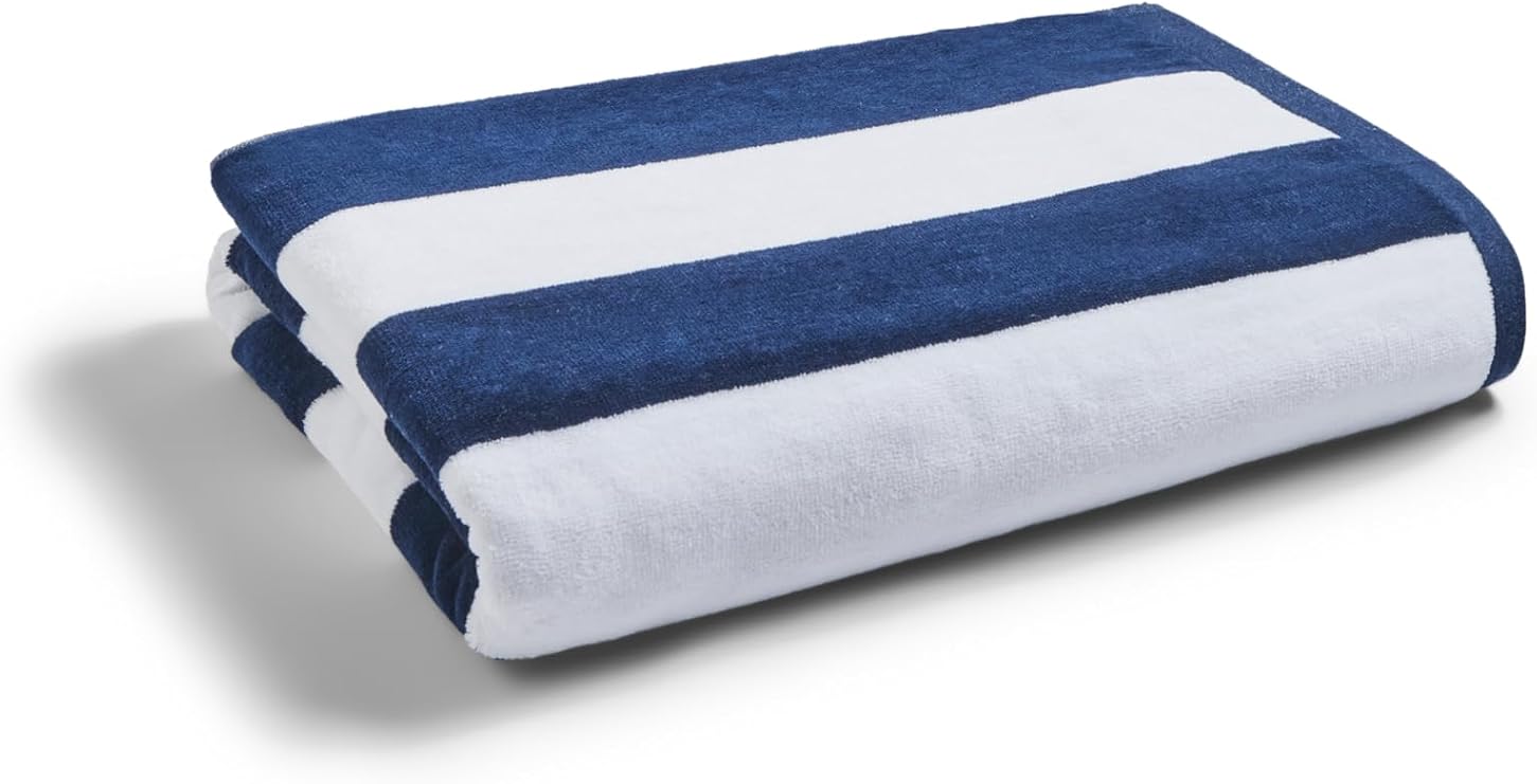 Christy Cabana Stripe Beach Towel | Extra Large | Sand Free | 100% Cotton | Luxury Super Soft Velour Front | Quick Dry Towelling Rear | 100cm x 180cm | Navy Blue