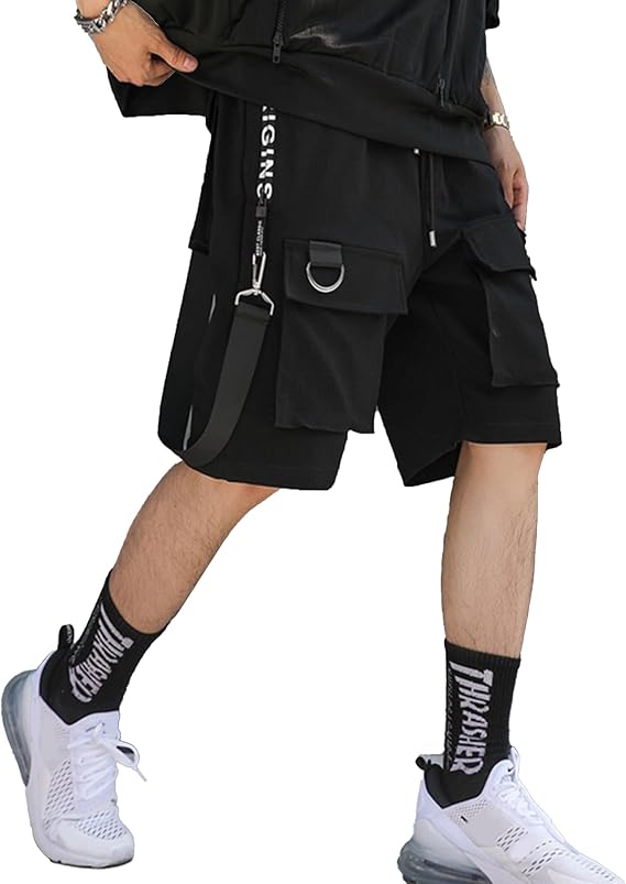 XYXIONGMAO Men's Casual Black Streetwear Techwear Hip Hop Black Cargo Pants Shorts Sweatpants Joggers for Men(Black,M)