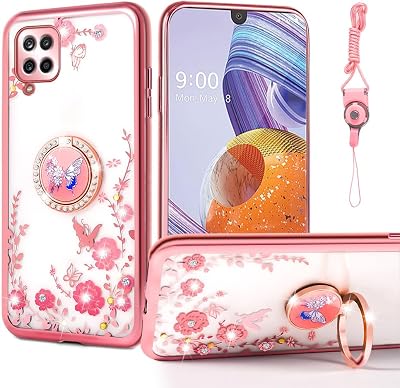 nancheng for Samsung Galaxy A12 5G Phone Case Cute Girls Women Glitter Soft TPU Case with Ring Kickstand Strap Lanyard Shockproof Protective Cover - Rose Butterfly