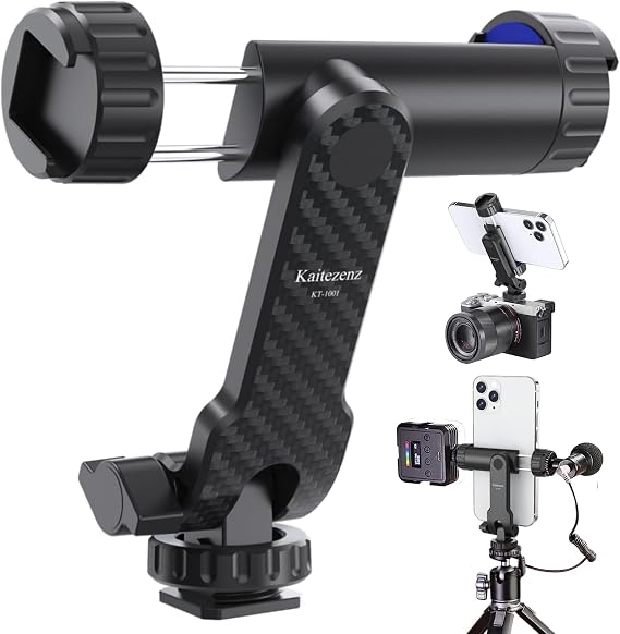 Kaitezenz Cell Phone Tripod Mount, Universal Tripod Phone Mount with 2 Cold Shoes, 360 Rotates 180 Tilts Camera Hot Shoe Phone Mount Smartphone Tripod Holder Adapter for iPhone Samsung All Phone