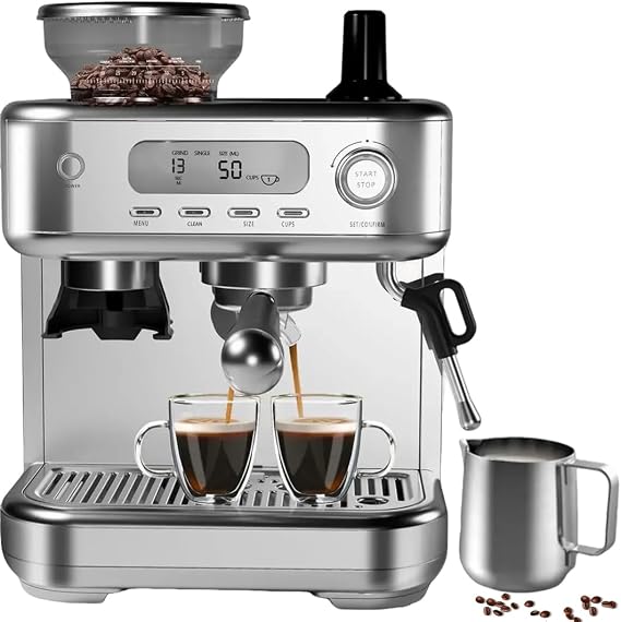 Espresso Machine With Grinder,15 Bar Espresso Coffee Machine With LCD Smart Screen and PID Temperature Control for Cappuccino/Latte, Stainless Steel