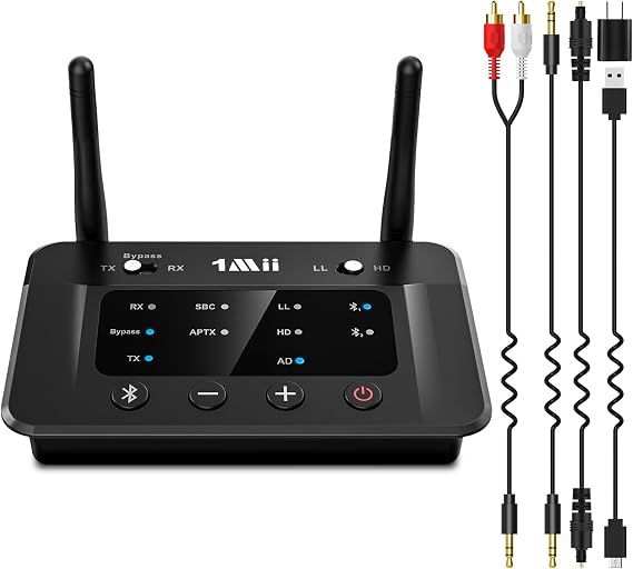 1Mii B03 Bluetooth 5.3 Transmitter Receiver for TV Home Stereo | aptX Low Latency/Adaptive/HD Wireless Audio Adapter to 2 Headphones, Volume Control, Optical RCA AUX, Soundbar Passthrough