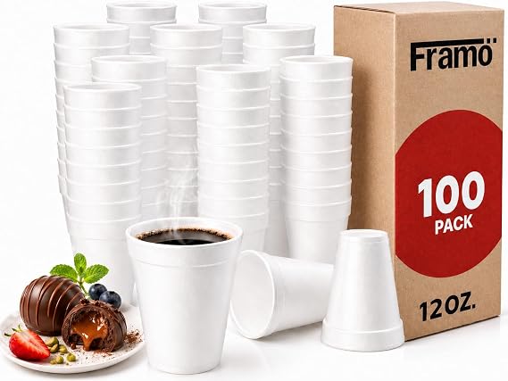 Framo 12 Oz Foam Cups (100 Pack) Lightweight Insulated Foam Cups for Coffee, Cold Drinks & Other Hot Beverages - Disposable Drinking Cups for Parties, Picnic, BBQ, Travel, Events