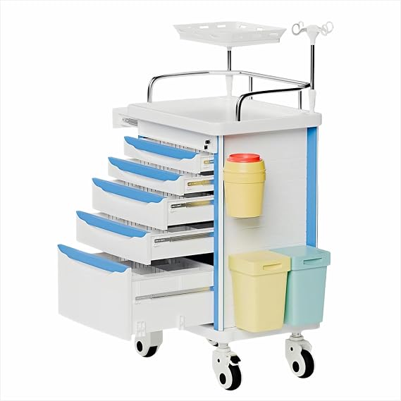 Crash Cart with Central Lock - Mobile Emergency Treatment Trolley with IV Pole, Cardiac Board, O2 Tank Holder, Trash Bin & 5 Drawers for Clinics Nursing Center (Blue)