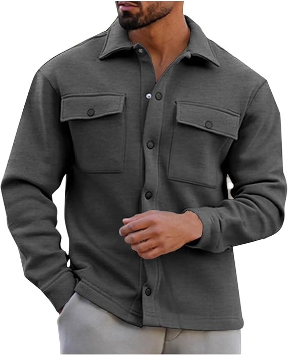 Men's Shirt Casual Cotton Long Sleeve Shacket Jacket Button Down Lightweight Jacket with Flap Pockets Stylish Shirt Jackets Casual Youth Men's Autumn Shirt UK