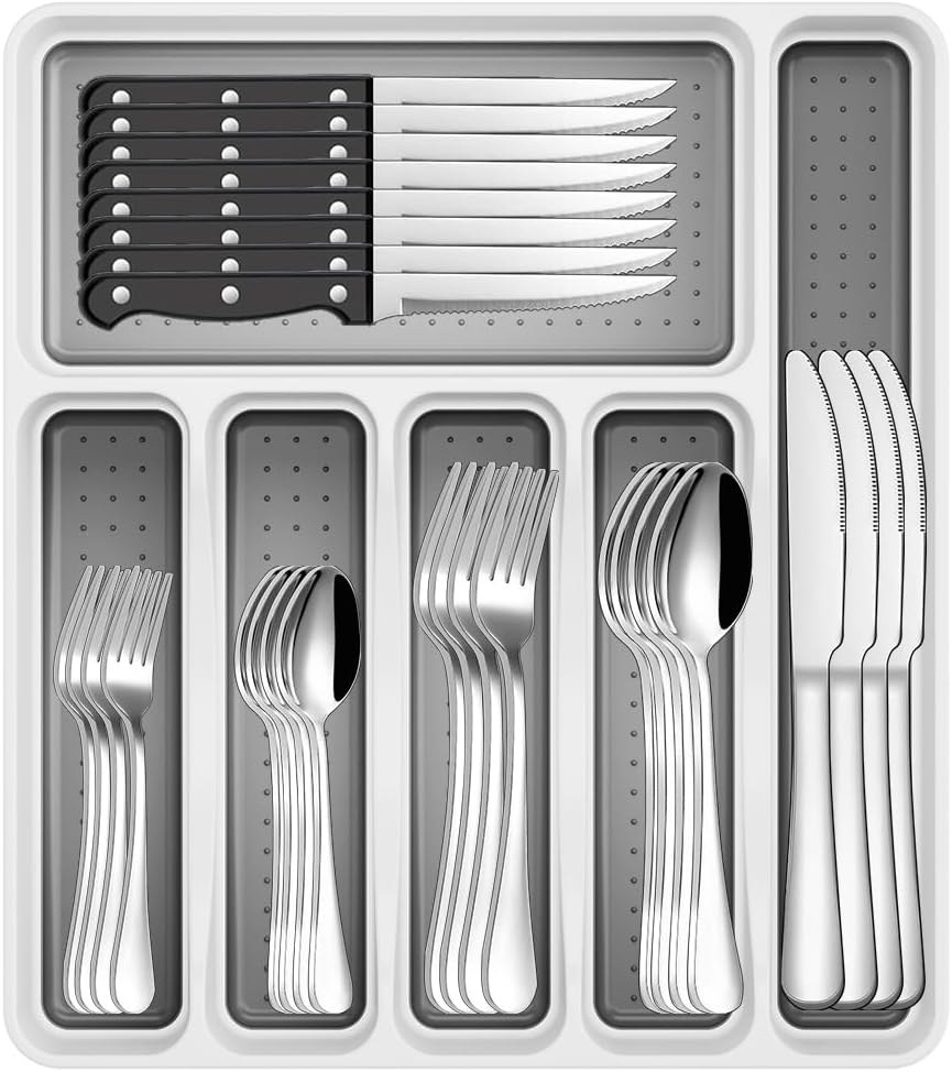 49-Piece Silverware Set with Organizer, Stainless Steel Flatware Utensils Set for 8, Forks and Spoons Silverware Set Cutlery Set with Steak Knives, Dishwasher Safe
