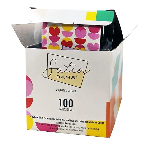 Satin Dams Box of 100 Assorted Latex Oral Dams | Grape, Strawberry, Vanilla and Spearmint Scented Dental Dams | Bulk Hermetically Sealed Dams