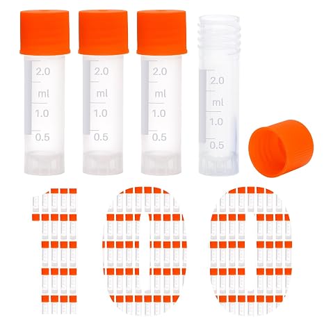 100 Pcs 2ml Vials Centrifuge Tubes Plastic Sample Small Cryogenic Vials with Screw Caps Graduated Bottles Test Tubes with Lids (Orange)