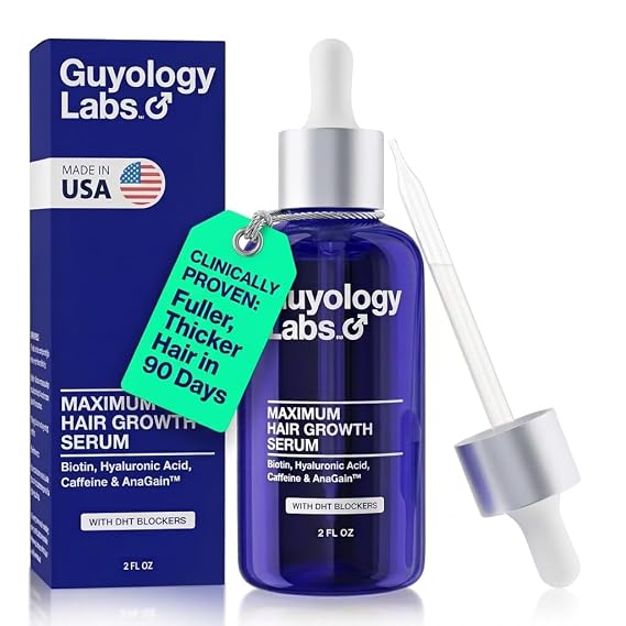 Hair Growth Serum for Men & Women | DHT Blocker for Hair Loss & Regrowth | Thickening Thinning Hair | 4% AnaGainTM, Biotin & Caffeine | Dermatologist Recommended | Minoxidil Compatible | Guyology Labs