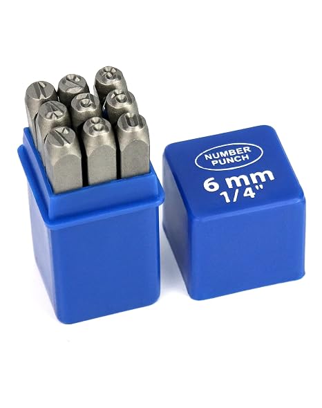 QWORK Metal Number Stamp Set, 1/4" 6mm, DIY Tool for Brass, Aluminum, Plastic, Wood, Leather - Digits 0 to 9, Punch Set for Crafts and Leatherworking