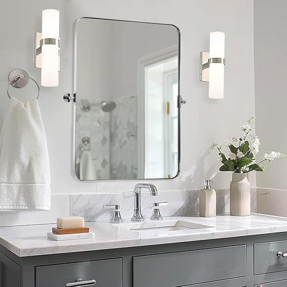 MOON MIRROR Polished Chrome Pivot Mirror for Bathroom, Tilt Bathroom Vanity Rounded Rectangle, Overall 26.33 x 30 in (Mirror 22x 30 in)