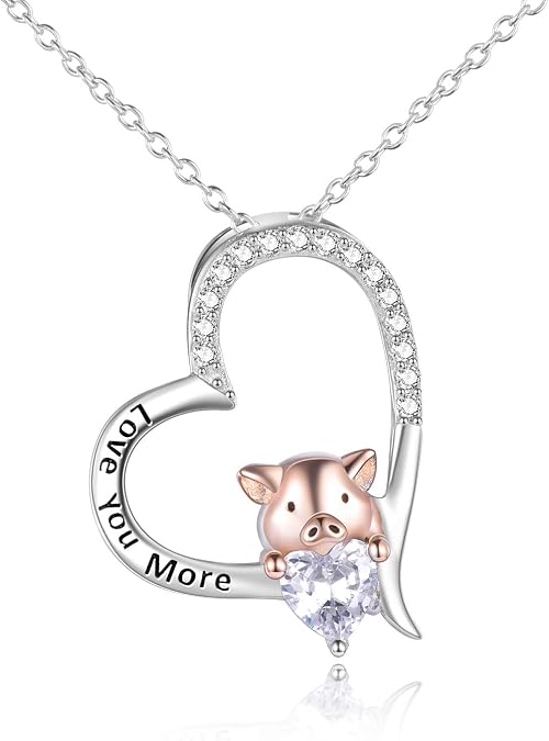 YFN Pig Necklace Jewelry Gifts 925 Sterling Silver Cute Animal Pendant with Heart Cz Necklace for WomenBirthday