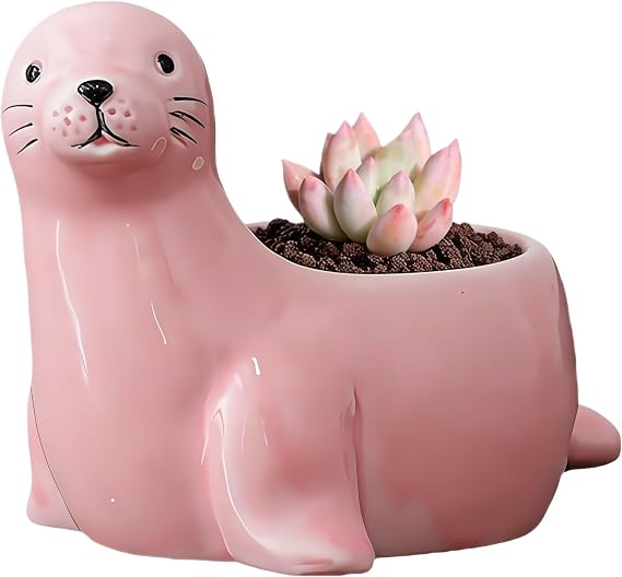 Cute Sea Lion Shaped Ceramic Succulent Planter with Drainage Holes, Hand - Painted Animal Pot Cactus & Succulents, Unique Home Decor & Gift,Red