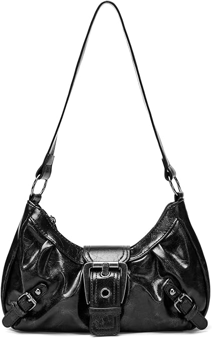 Vintage Black Shoulder Bag for Women - Small Y2K Punk Handbag PU Leather Anti- theft Hobo Bag for Party Leisure & Daily Use