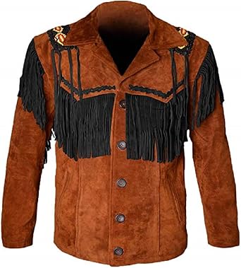 LEATHERAY Western Leather Jackets for Men Cowboy Leather Jacket and Fringe Beaded Coat Suede Leather shirt Tan Brown L