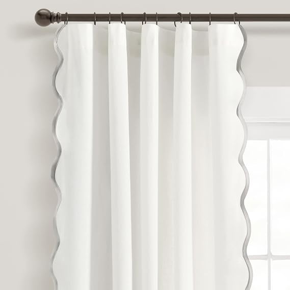 Lush Decor Coastal Chic Scalloped Edge Light Filtering Window Curtain Panels Pair, 52" W x 84" L, Gray & White - White Curtains for Living Room - Coastal Decor