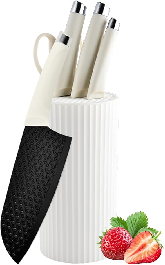 Knife Set, 5 Piece Black Kitchen Knife Set with Universal Knife Block, Sharp Stainless Steel Knife Knife Block Set, Anti-stick & Non-slip Knife Sets with Ergonomic Handle (White)