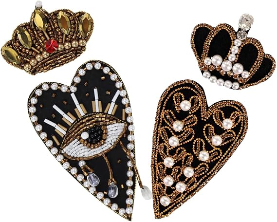 Crown Patches Rhinestone Sacred Heart Patches Beaded Crystal Evil Eyes Patches Handmade Applique Sew on Patches DIY Personalized Gift 1set (C)