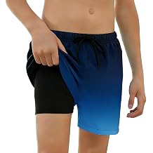 Boys Swimming Shorts with Compression Liner Quick Dry Kids Swimming Trunks with Pockets Beach Board Shorts Drawstring Waist 5-16 Years