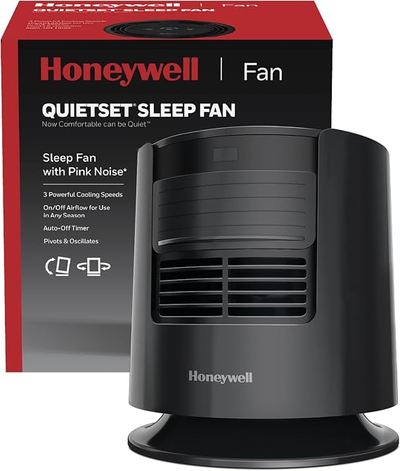 Honeywell QuietSetTM Personal Sleep Fan Noise Machine with Pink Noise, Black | 3 Speeds, Adjustable Head, Nightstand and Bedside Fan,