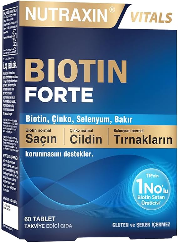 Nutraxin Biotin Forte – 5000 mcg Biotin, Çinko, Bakır ve Selenyum İçeren Saç, Cilt ve Tırnak Tableti – 60 Tablet – Vegan