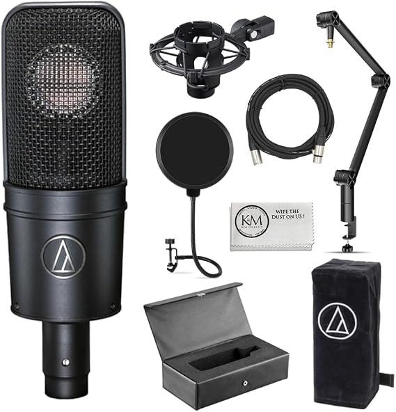 Audio-Technica AT4040 Studio Microphone Bundled with Professional Microphone Arm + 20 Ft XLR Cable + Wind Screen Pop Filter + Cleaning Cloth (5 Items)