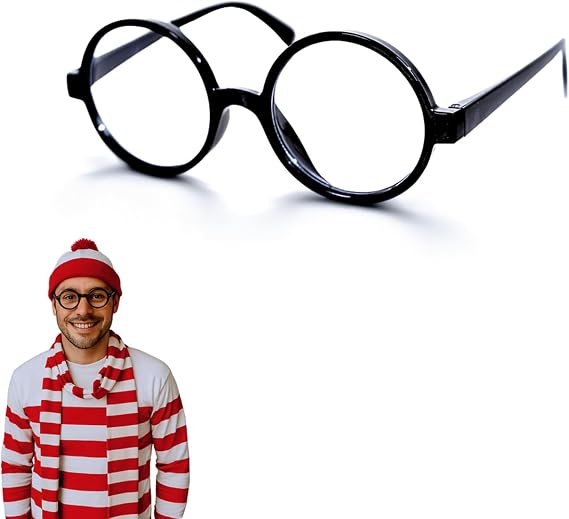 Wheres Waldo Costume Round Glasses, Black Cosplay Eyeglasses for All Ages