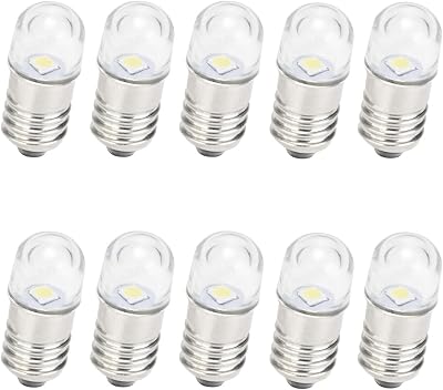 ACDC E10 Bulbs, 10pcs 3 Volt Cold White E10 Replacement Bulbs Miniature Screw LED Lamps 0.5Watts 65Lm 3 Volt, Cold White