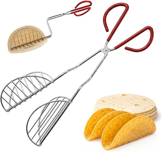 HIC Kitchen Taco Making Tools, Taco Shell Tongs, Steel, Stay-Cool Handle, For Frying Homemade Crispy Shells For Tacos, Appetizers, Dips, And Desserts
