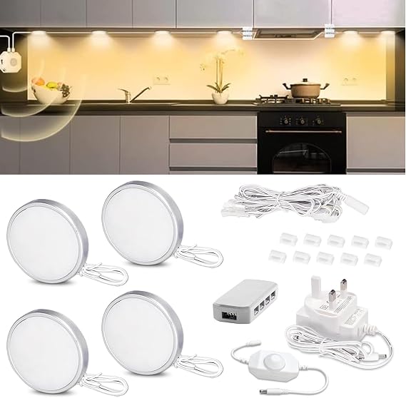Dimmable Under Cabinet Kitchen Lights - 4Pcs Warm White LED Puck Light Under Cupboard Lighting, 2700K 112LEDs Display Lights for Cabinets, Kitchen, Book Shelf, Showcase, Cupboard [Energy Class A+++]