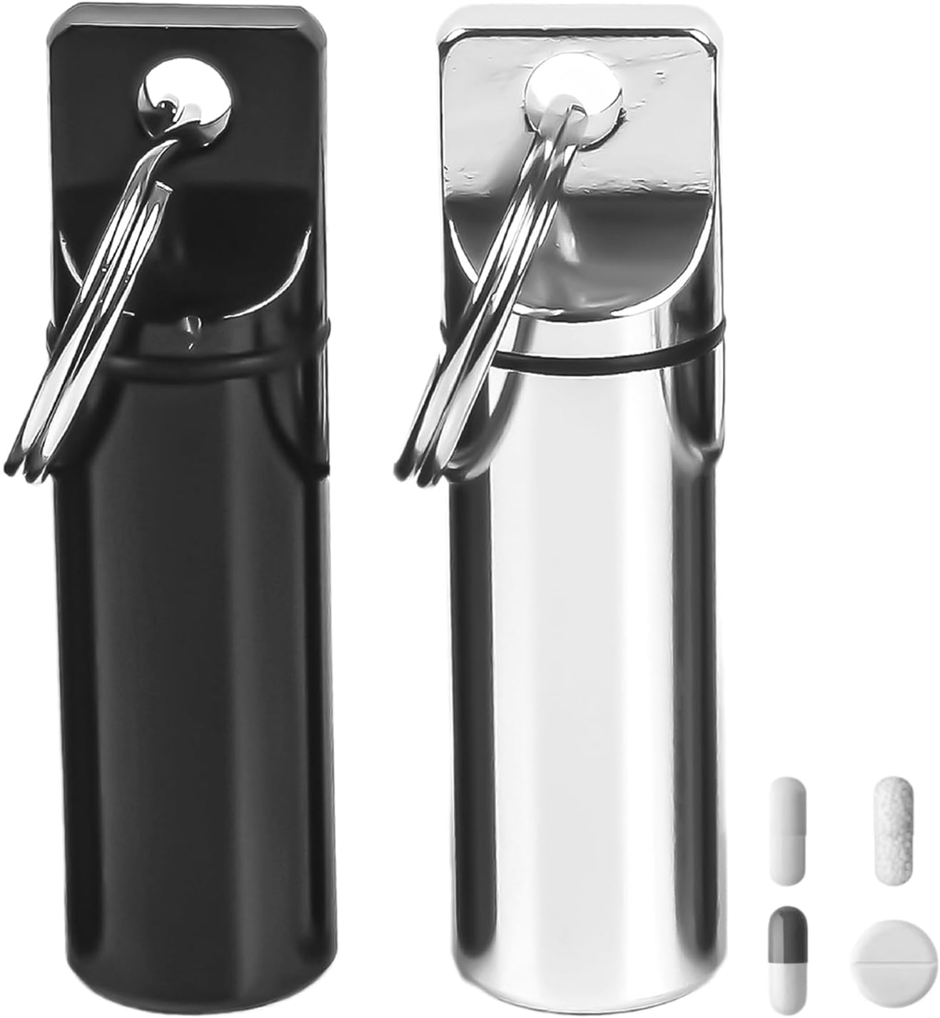 2 Pack Waterproof Pill Box Keychain, Small Portable Pill Holder Case for Purse Pocket, Metal Medicine Container for Outdoor Travel Camping Hiking, BlackSilver