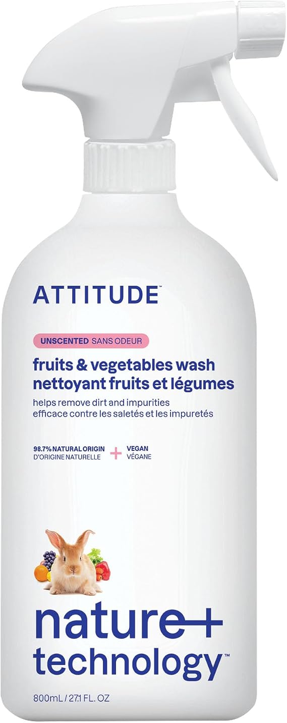 ATTITUDE Fruit and Vegetable Wash, Removes Wax, Dirt and Impurities, Plant- and Mineral-Based Formula, Vegan, Unscented, 800 mL