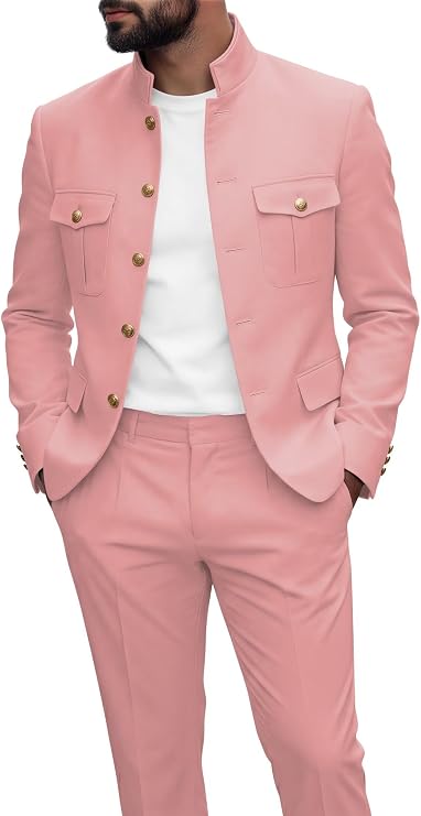 Mens Safari Suit 2 Piece Slim Fit Stand Collar Chinese Men Suit Gold Button Wedding Multi-Pocket Blazer Jacket Pant