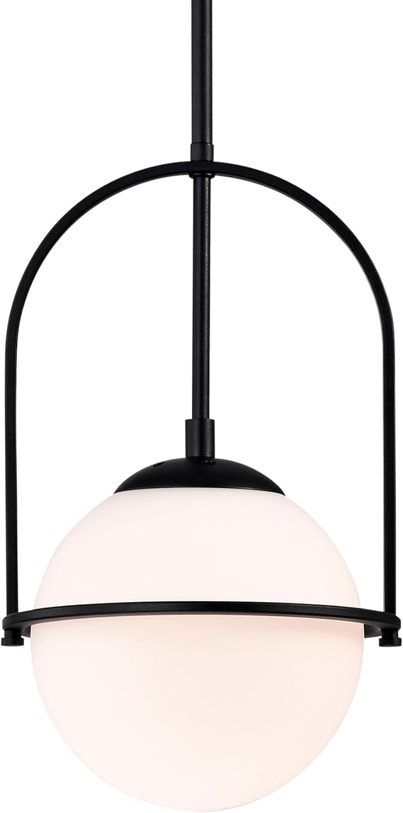 Alighting Black Pendant Light with 18cm Milk Glass Globe | Adjustable Gold Ceiling Lights Mid Century Pendant Light for Dining Room, Kitchen Island, E14 Bulb(Not Included) [Energy Class A++]
