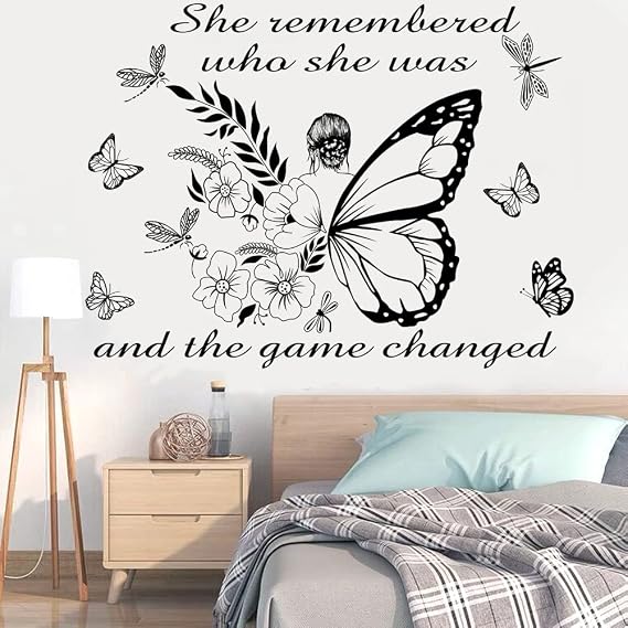 Inspirational Wall Art Quote - 'She Remembered Who She Was' - Positive Motivational Butterfly Decor for Women's Bedroom & Living Room - Yoga Studio & Beauty Salon Decor