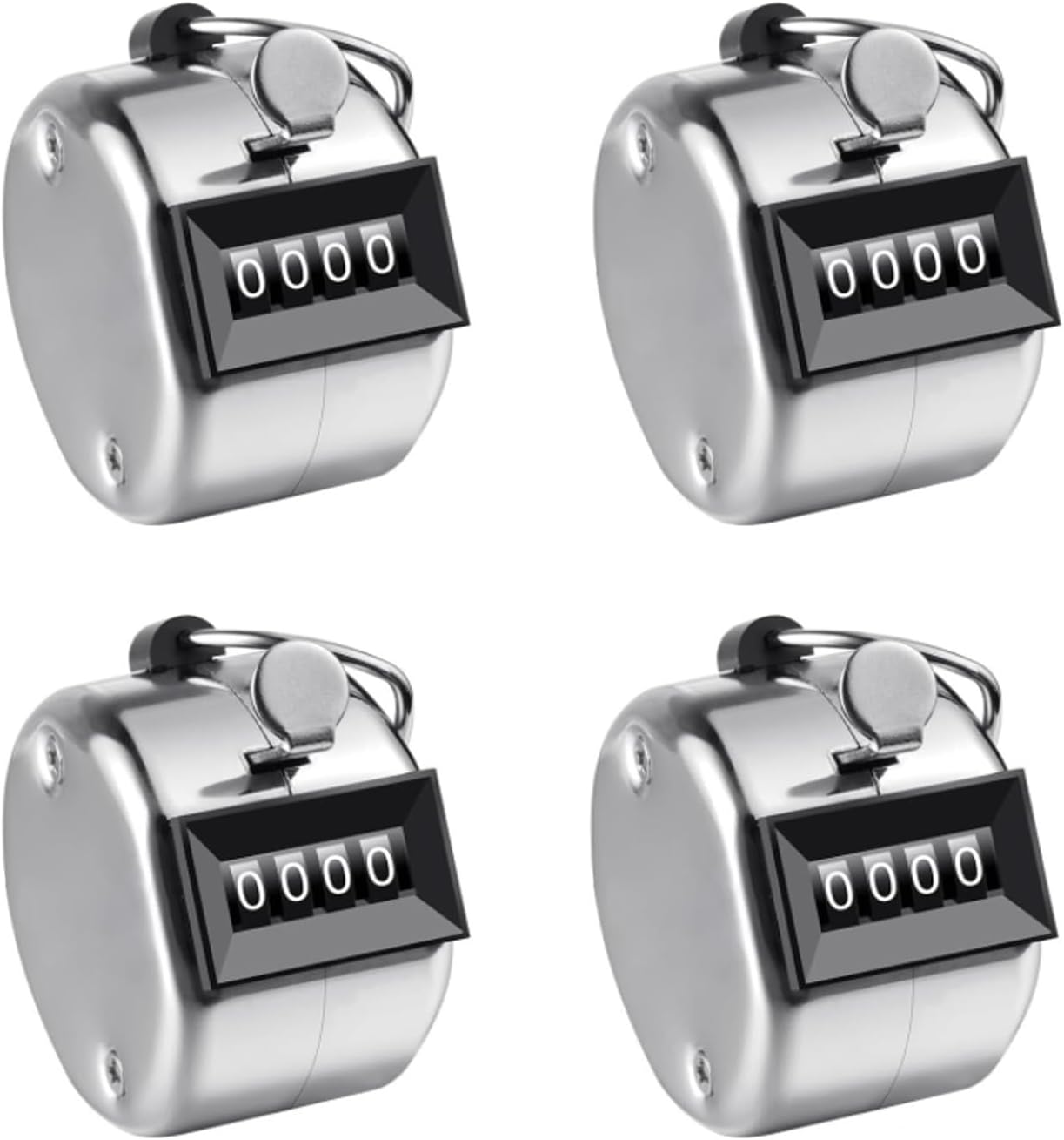 4 Metal Hand Tally Counters Clicker Set, Universal Mechanical Palm Clicker Number Scorer, Silvery Round Quantity Finger Counter from 0 to 9999, Handheld Number Click Counters for knitting Golf Scoring