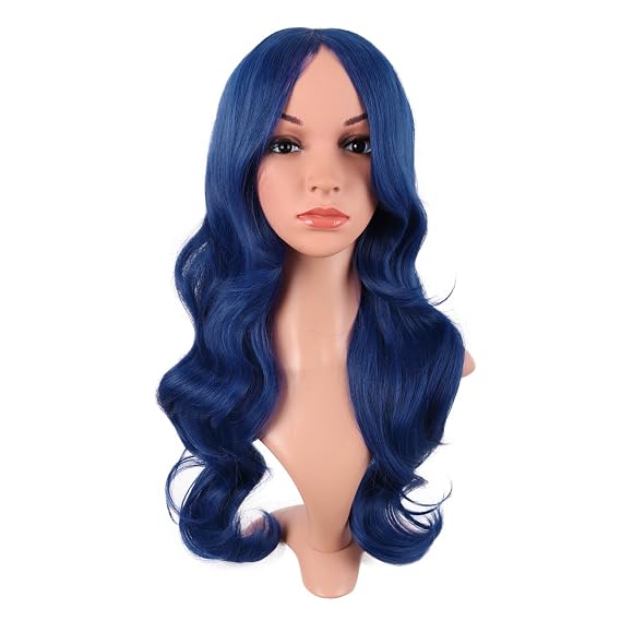MapofBeauty 24 Inch Long Wavy Side Bangs Anime Cosplay Wig, Mixed Blue