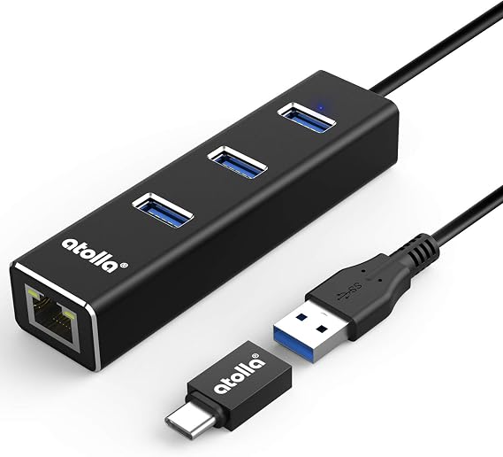 USB C to Ethernet Adapter 3-Port USB 3.0 Hub - 1000Mbps Gigabit RJ45 LAN Port, Driver-Free Aluminum Heat Dissipation for MacBook Pro/Dell XPS/Surface Laptop