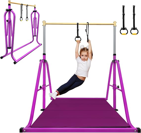 Foldable Gymnastics Bar with Ring&Mat for Kids Ages 3-15,3ft-5ft Height