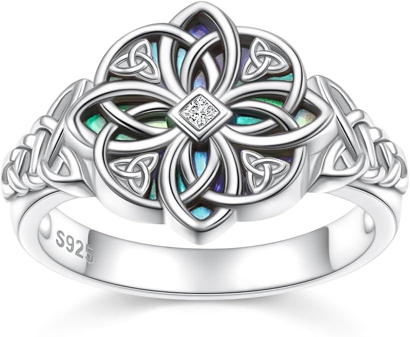 925 Sterling Silver Irish Celtic Knot Rings for Women, Abalone Shell Trinity Knot Ring with CZ, Wiccan Jewelry Promise Rings Birthday Christmas Gift