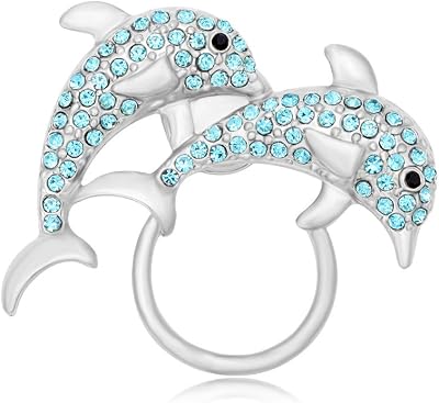 Blue Crystal Rhinestone Double Dolphin Brooch Magnetic Eyeglass Holder Nautical Jewelry