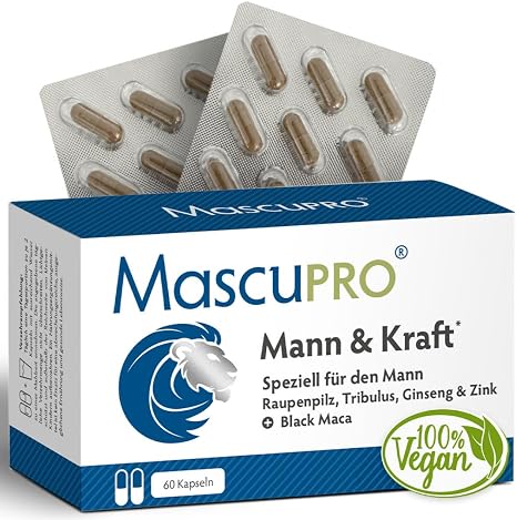 MascuPRO Mann & Kraft 20:1 Black Maca Tribulus Fenugreek Cordyceps & Amino Acids 60 Capsules Vegan
