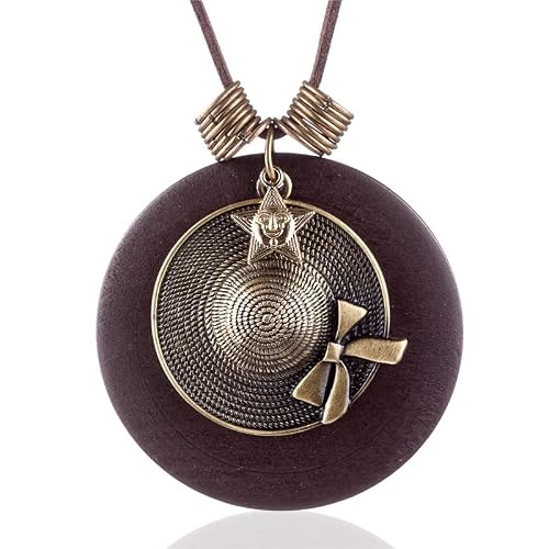 Long Necklaces for Women Wooden Bow-Knot Hat Pendant Chokers Necklace Vintage Jewelry Brown