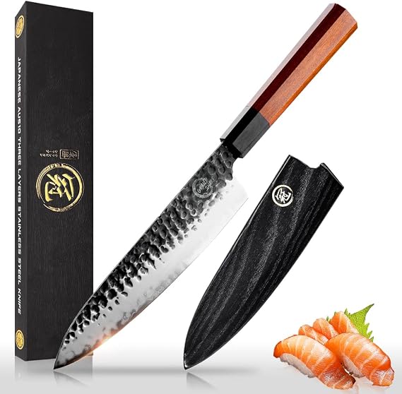 Grandsharp Chef Knife, 8 Inch Kitchen Knife, AUS10 Handmade Forged Pro Japanese Sharp High Carbon 3-layer Steel Meat Sushi Gyuto Cutting Chef's Cleaver-Wooden SheathRosewood Handle