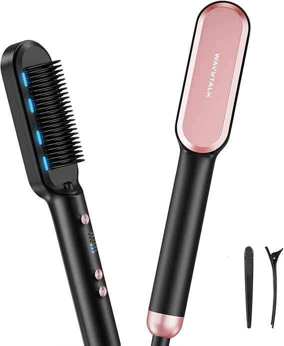 Wavytalk Hair Straightener Brush,Sleek Sweep Ionic Straightening Brush with 6 Temperature Adjust, Anti-Scald Ceramic Hair Straightener Comb Fast Heating for Home Salon, Dual Voltage, Rose Gold