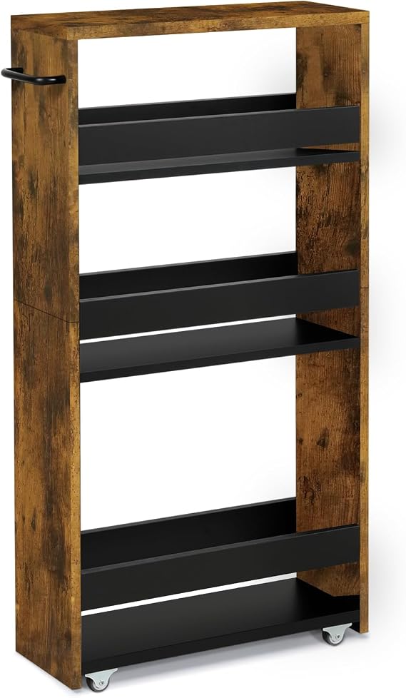 TEAMIX Slim Rolling Storage Cart, Wood 4-Tier Narrow Kitchen/Laundry Cart | 5.5"W Thin Cabinet with Wheels and Handle, Use as Spice Rack Next to Fridge, Laundry Room Organization Between Washer & Dryer