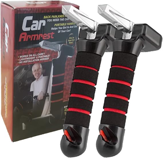 3 in 1 Vehicle Support Handles, Elderly Portable Automotive Door Assist Handle, Seatbelt Cutter and Window Breaker for Elderly and Handicapped (Red Handles *2)