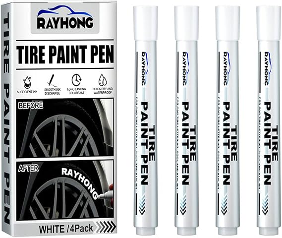 Tire Paint Pen, 4 Pack White Marker Pen Tire Paint Marker Pen Oil Based Car Tire Tracing Pen for Auto Rubber Tyre (White)