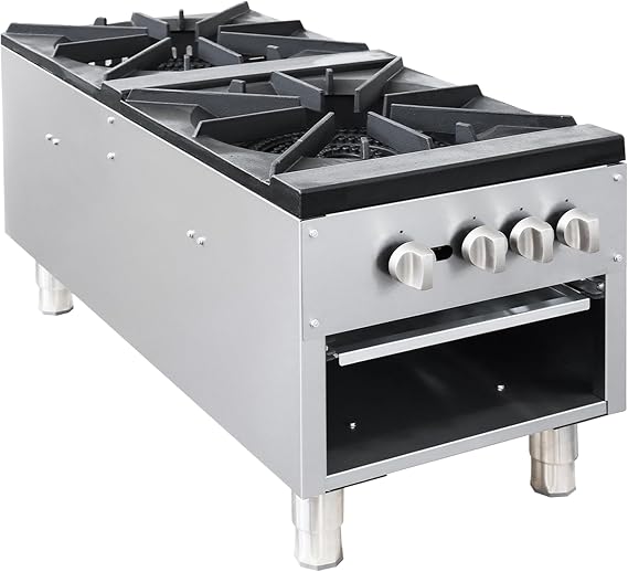 Commercial Stock Pot Range 160000 BTU Double Burner, 18 Compact Commercial Stove with Cast Iron Grates & LP Conversion Kit for Large Pot Cooking